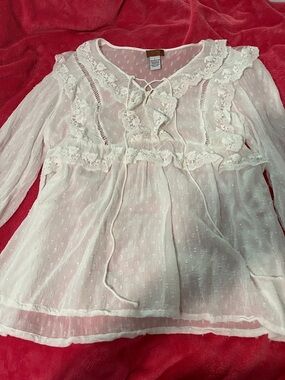 Scully White Lace-Trimmed Sheer Tie-Front Blouse